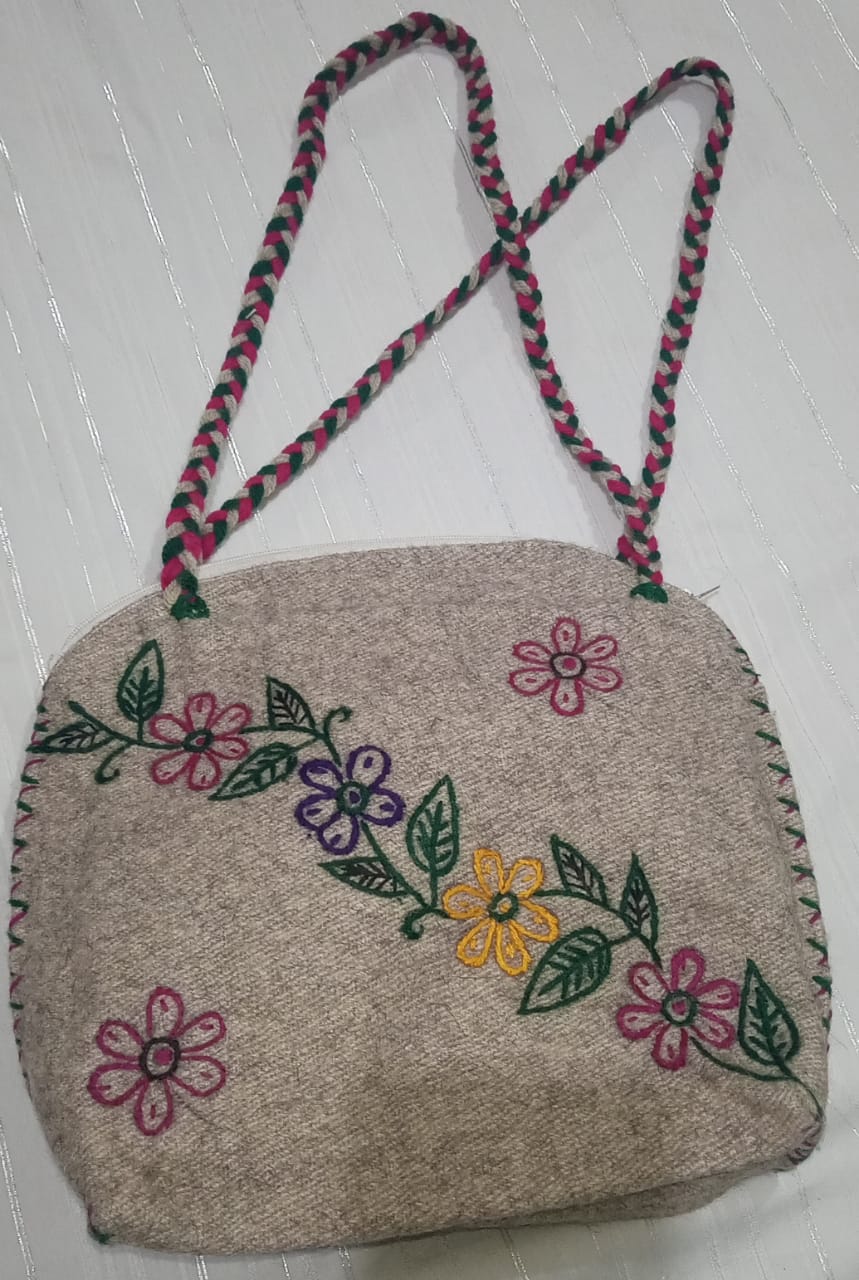 Handmade Woolen Purse Wool Hand Knit Colorful Brown, Grey and Awesome Red  Flowers Design hand Purse